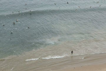 Beach landscapes in summer. Ballenita Beach in the province of Santa Elena, Ecuador. You can see the sea, birds, and beach or sailing motifs.