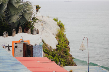 Beach landscapes in summer. Ballenita Beach in the province of Santa Elena, Ecuador. You can see the sea, birds, and beach or sailing motifs.