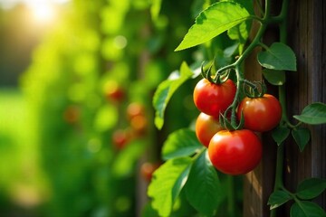 Lush green tomato vine laden with ripening red tomatoes, climbing a rustic wooden trellis in a vibrant garden Sunlight streams through the leaves, highlighting the juicy fruit , Roma tomato, farming