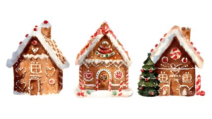 Watercolor illustration of three gingerbread houses decorated for christmas on a white background