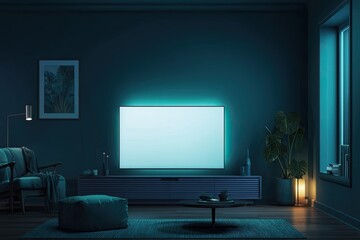 Dark teal living room at night, featuring a flat-screen TV with a light-blue backlight, a comfortable armchair, and subtle ambient lighting
