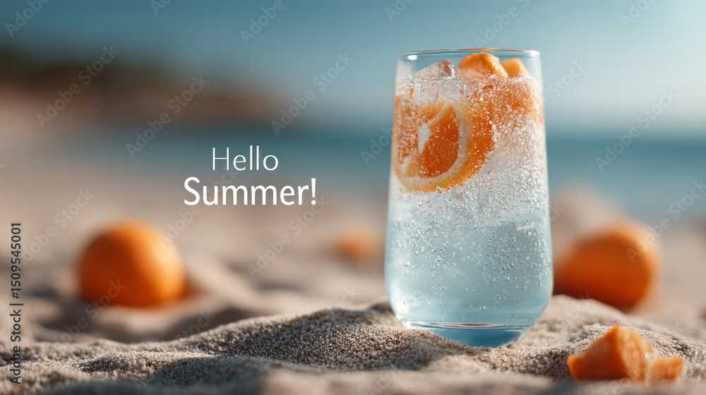 Poster A refreshing cold drink filled with citrus slices sits on soft sand, surrounded by fresh fruit. The calm beach and gentle waves create a perfect summer atmosphere for relaxation