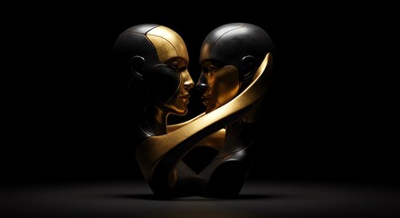 Golden figures embracing in dark intimate setting