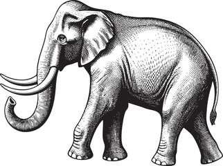 detailed black and white of a majestic elephant stands upright.