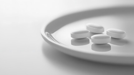 Four white pills arranged on a white plate against a soft background