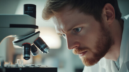 Scientist examining samples through a microscope in a laboratory setting