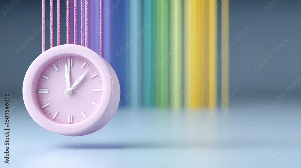 Poster pastel pink clock hanging with rainbow strings time management productivity concept