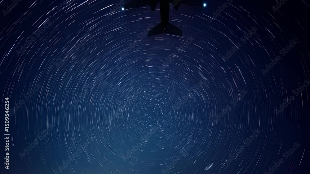 Aufkleber airplane navigation lights blinking red and green while flying at night with star trails rotating ar