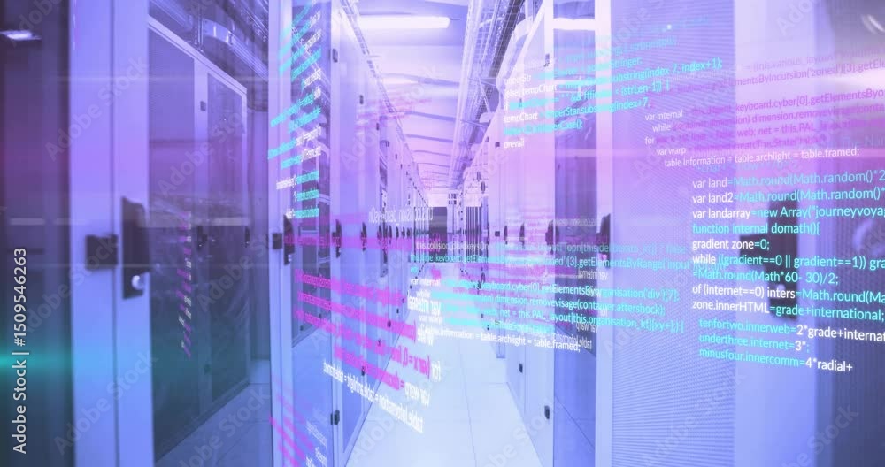 Poster Static server corridor view starting code overlays fading in and scrolling, intensifying data flow