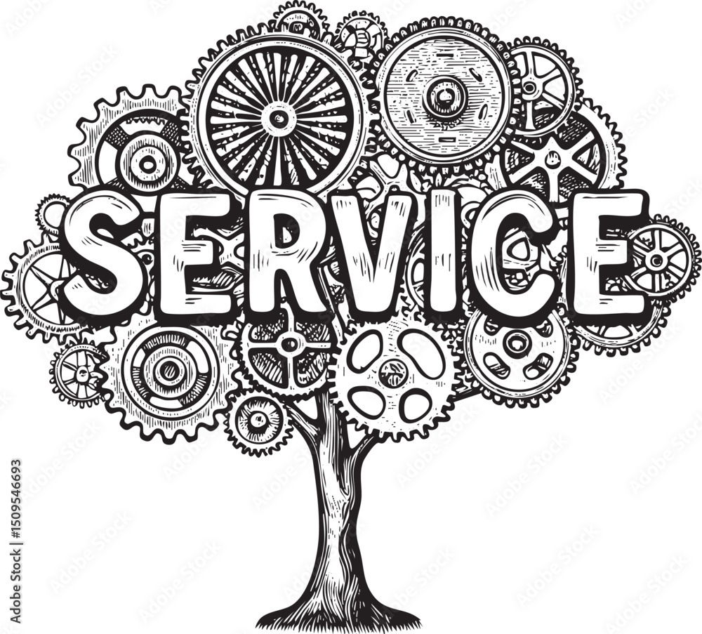 Poster stylized tree is adorned with intricate gear mechanisms displaying the word ‘service’ prominently.