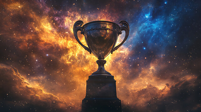 A majestic trophy illuminated against a vibrant cosmic backdrop of stars and nebulae.