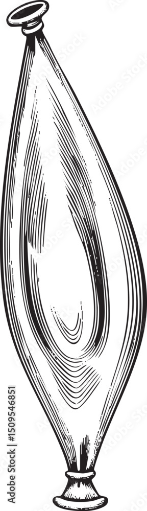 Poster stylized elongated bottle with a rests on a dark surface.