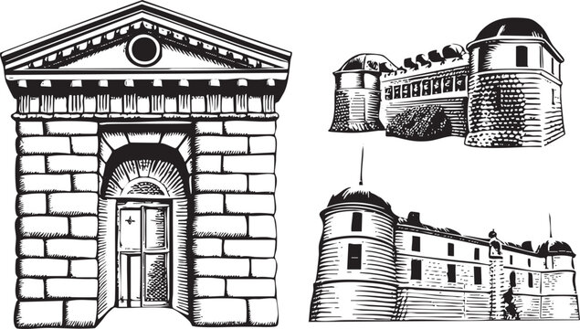 Three black and white architectural sketches depict fortified structures with arched entrances.