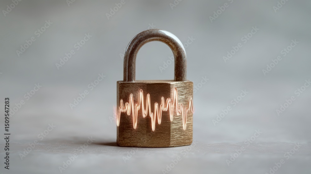 Poster secure data cybersecurity lock digital protection pulse signal minimalist background