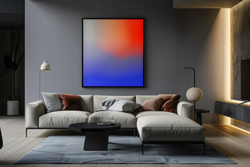 Modern living room with abstract red-blue NFT artwork on a dark wall, stylish interior with minimalist decor and soft ambient lighting