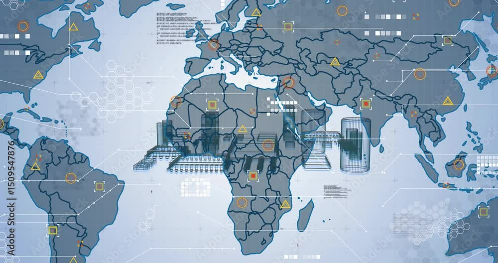Poster emerging 3d bar cluster rising over transparent world map and extending eastward for data transit