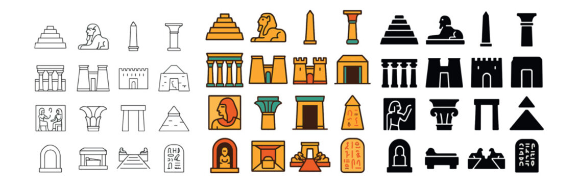 Ancient egypt icon collection: line, filled, and silhouette design set for historical themes