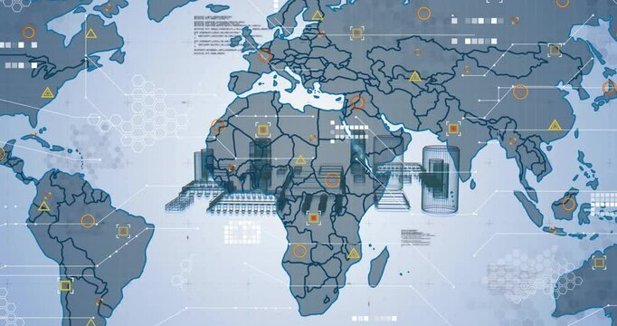 Emerging 3D bar cluster rising over transparent world map and extending eastward for data transit