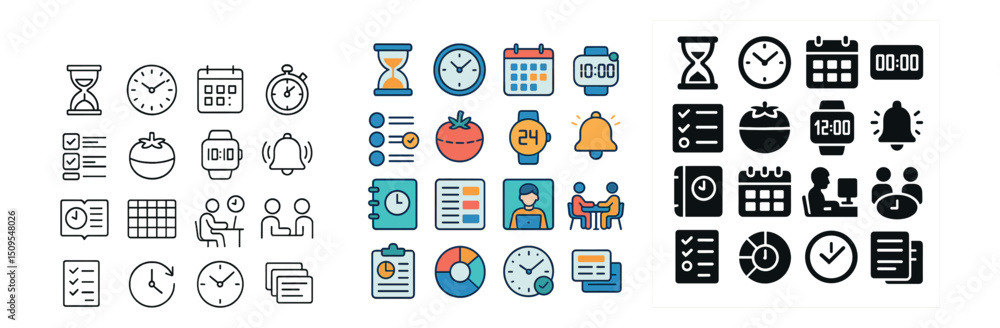 Poster time management icon collection: productivity, efficiency, and scheduling set
