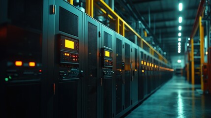 Fototapeta premium Industrial machinery line in a factory. Rows of dark, metallic automated machines, illuminated by glowing displays and lights, are arranged in a long production line