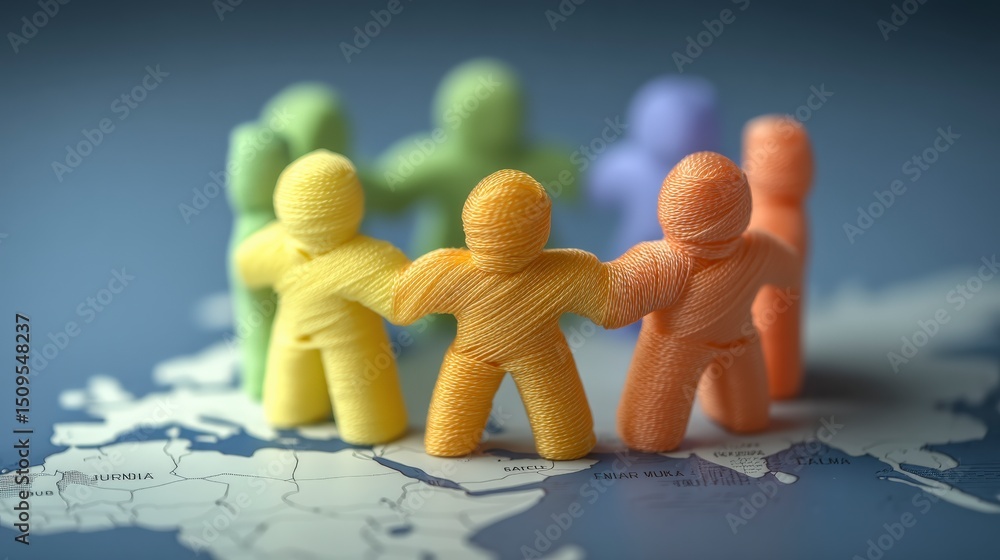 Poster global unity miniature figures holding hands on world map
