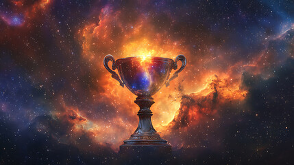 A cosmic trophy glowing with starlight against a vibrant nebula backdrop