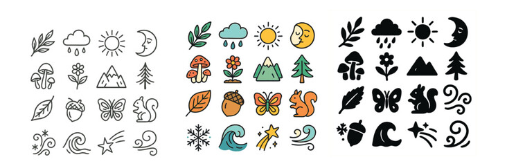 Nature and weather icon collection: line, color, and silhouette symbols for design