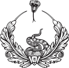stylized serpent with open jaws is encircled by ornate feathered wings.
