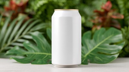 White Beverage Can Mockup  Tropical Leaves Background