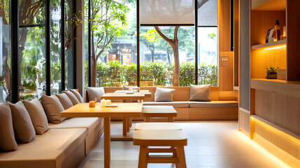 Fototapeta premium Chilled-Out Café with Simple Wooden Tables and Soft Cushions