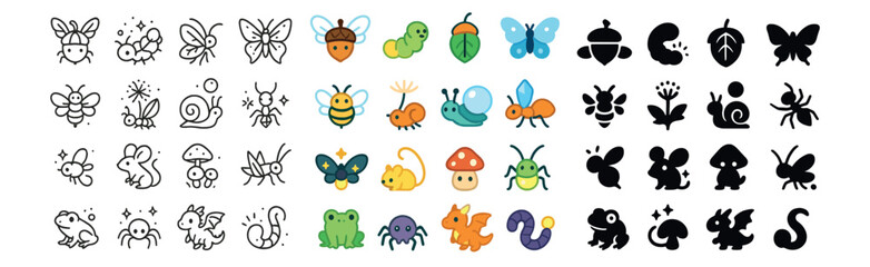 Obraz premium Insect and nature icon collection: line, color, and silhouette styles for design projects