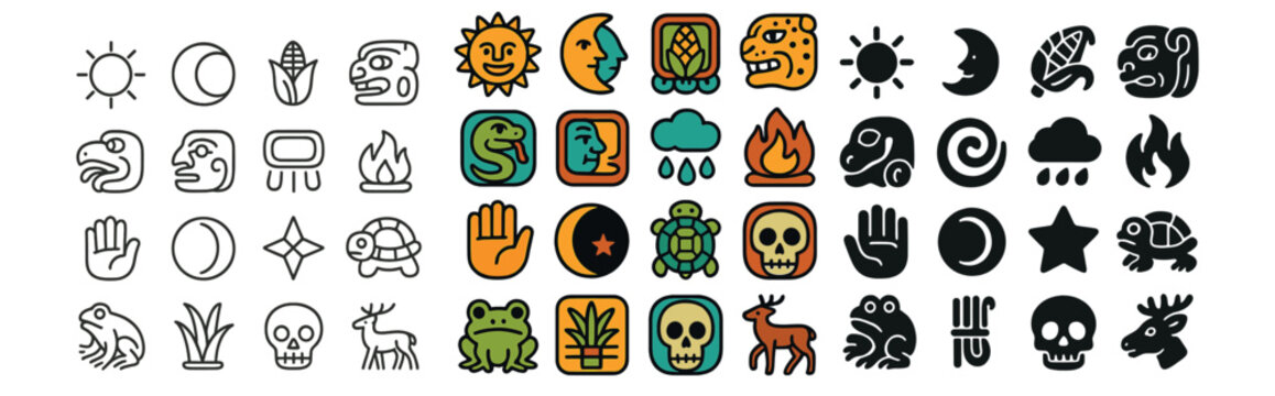 Mayan, aztec, inca icon collection: ancient symbols, glyphs, and deity set