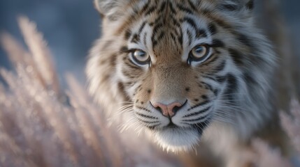 Obraz premium Majestic Tiger Cub in Sunset Grassland Wildlife Photography