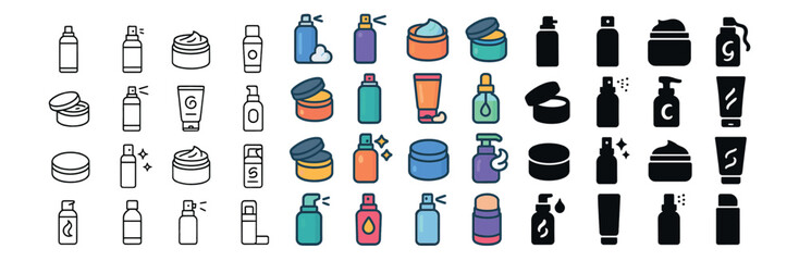 Cosmetics and beauty icon collection with linear, silhouette, and colorful designs