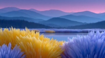 Obraz premium Serene Sunset Mountain Lake Grass Peaceful Landscape