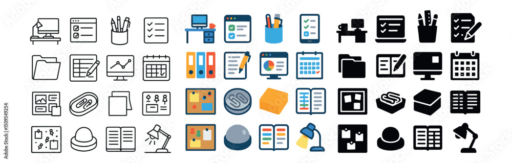 Poster office and productivity icon collection with data, workflow and planning symbols