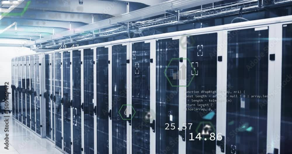 Poster opening data hall, server cabinets fading hex icons growing, updating metrics for monitoring