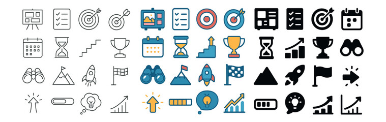 Business strategy and planning icon collection. growth, target, and chart symbols set