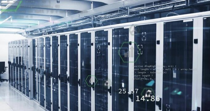 Opening data hall, server cabinets fading hex icons growing, updating metrics for monitoring