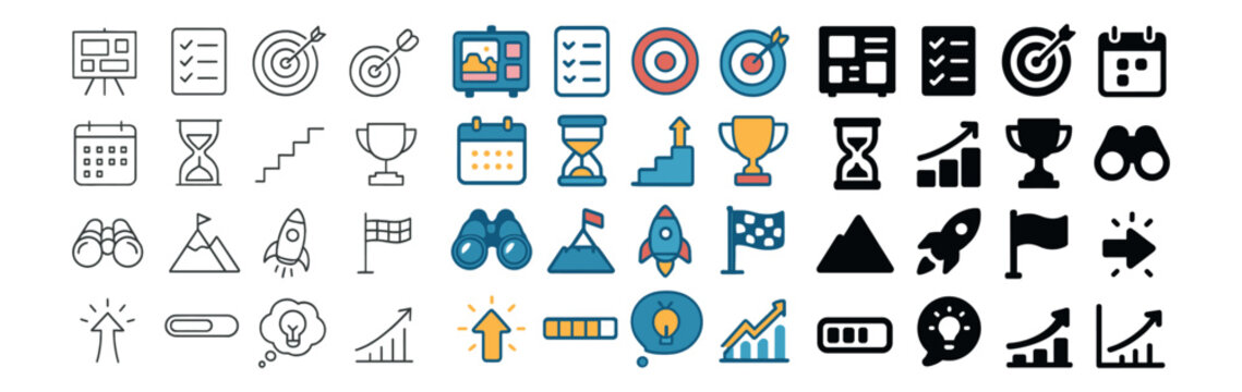 Business strategy and planning icon collection. growth, target, and chart symbols set