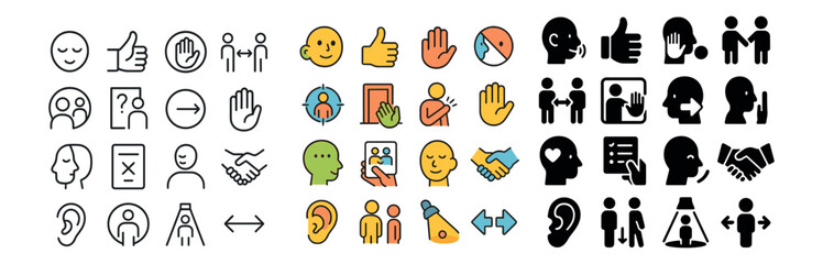 Communication and interaction icon collection: hand gestures, expressions, and signs set