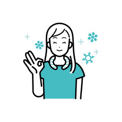 Clip art of woman wearing neck cooler to prevent heat stroke.
