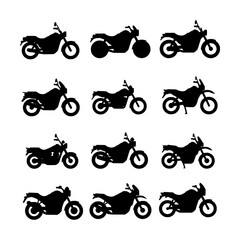 Diverse Collection of Black Motorcycle Silhouettes Representing Various Bike Styles