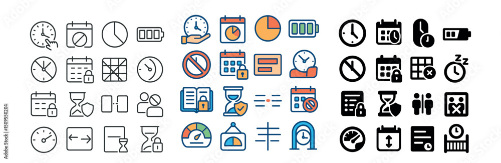 Poster time management and planning icon collection. scheduling and productivity set