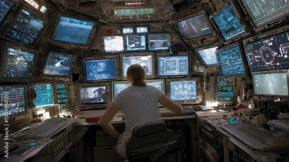 Poster inside advanced technological hub, female engineer monitors various systems, ensuring smooth operati