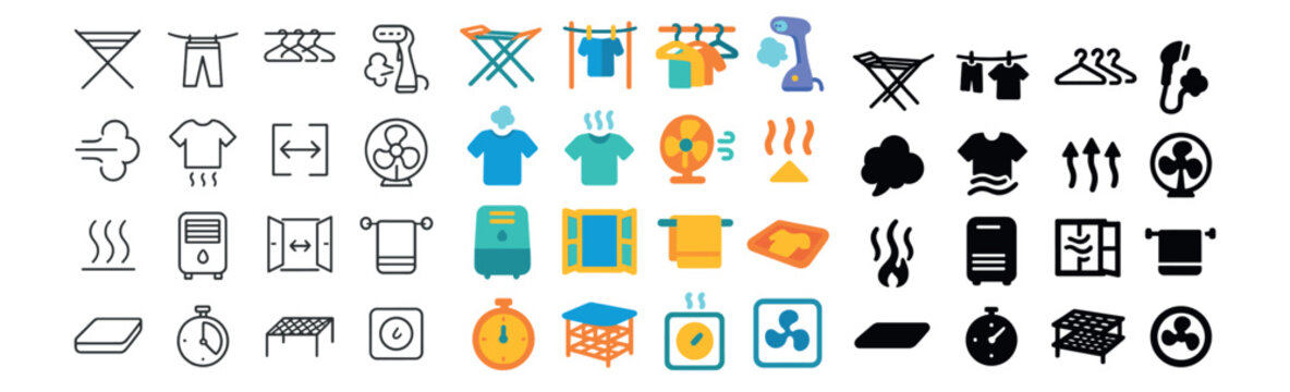 Laundry and drying icon collection: clothes, hangers, and steam symbols