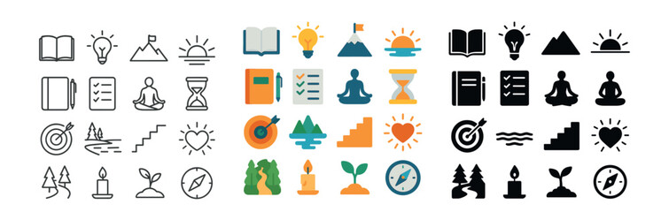 Education and mindfulness icon collection. study, meditation, and zen symbols set