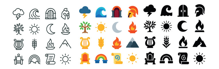 Mythology and nature icon collection: flat, silhouette, and linear symbols set