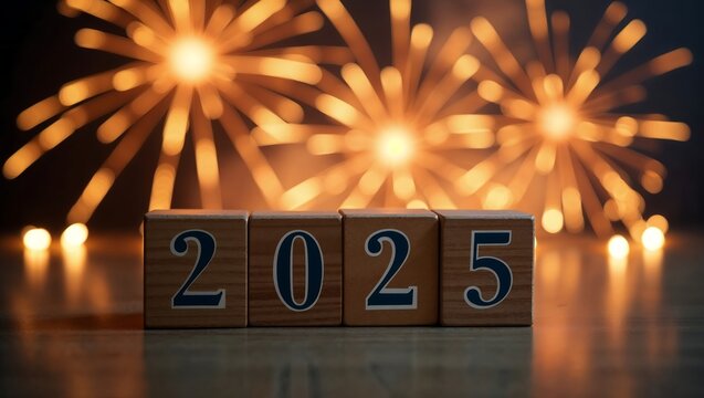 New year concept "2025" with wooden blocks on the table, bokeh effect,vector,landscape,new year