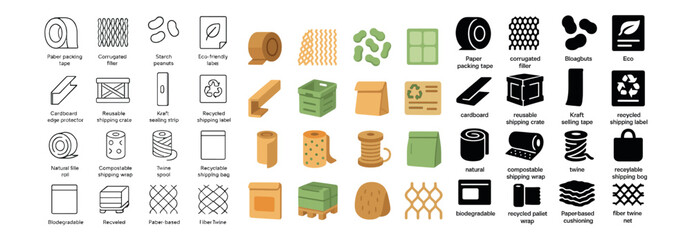 Eco-friendly packaging icon collection: sustainable, reusable, and compostable designs